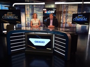 Drew Mills founder of Mills Marketing & Communications on the GEICO Sportsnet Comcast set with Julie Donaldson