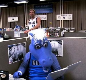 Dirk Nowitzki and the Dallas Mavericks mascot in the Hump Day TV commercial